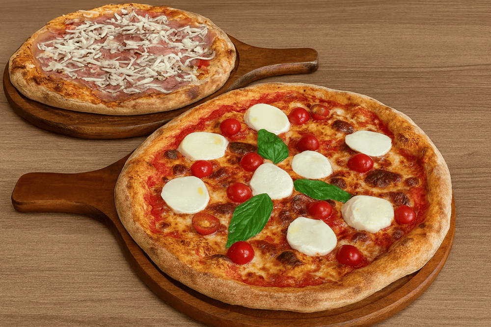 The restaurant features signature pizzas cooked in a traditional oven